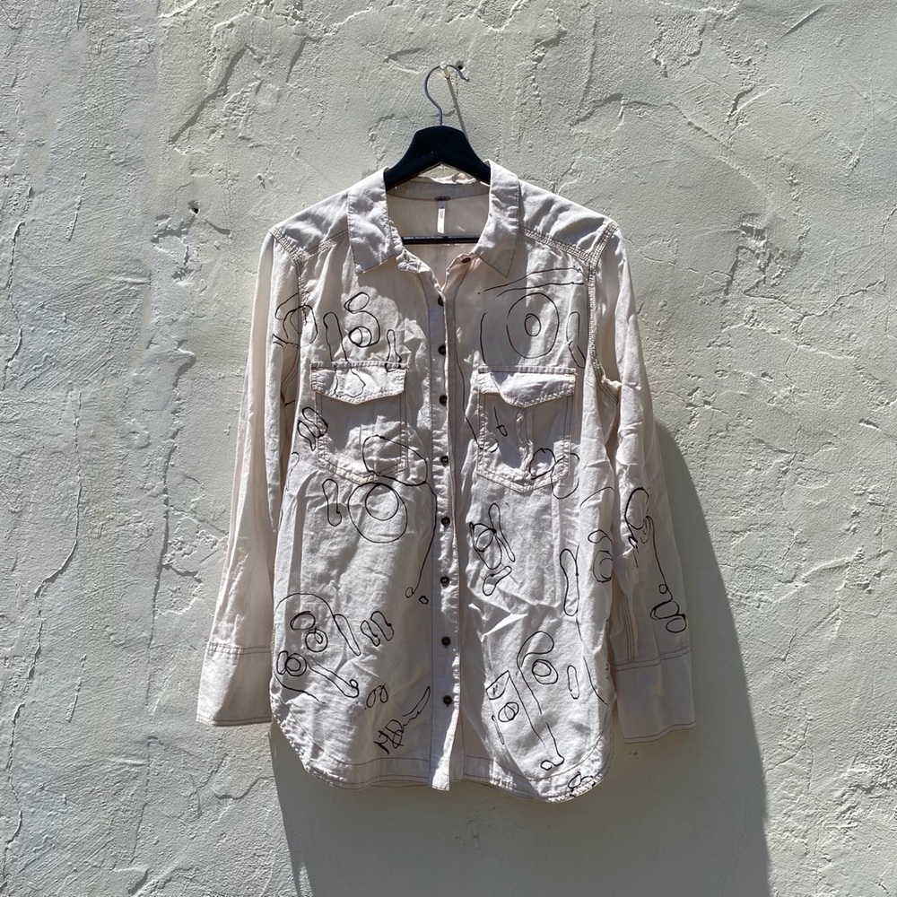 Off white linen like casual custom art button up